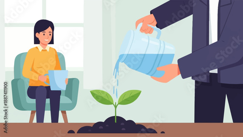 Person waters plant while another watches holding a beverage