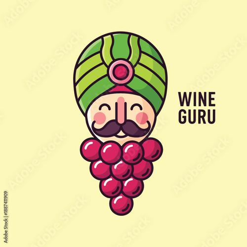 Vibrant flat design illustration of a wine guru character with a turban and grape elements