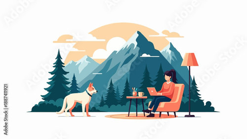 Person and dog enjoy scenic mountain backdrop while working remotely