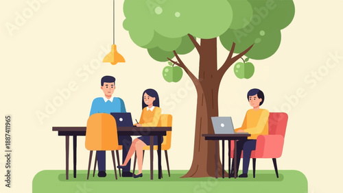 People working on laptops under a tree with apples