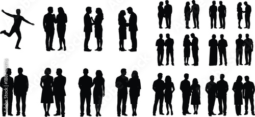 People silhouette collection showing couples standing together, romantic and social interactions, business meetings, relationships, love, communication, modern lifestyle