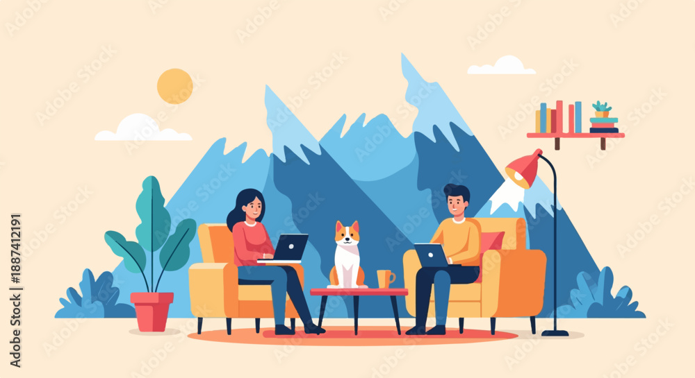 Naklejka premium People working on laptops with a dog and mountains in the background