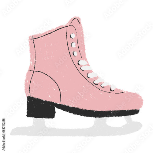 Cute hand drawn pink figure skating skates in chalk style with soft texture and playful scribbles, naive whimsical doodle, scrapbook friendly winter sports element isolated.