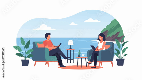 People relaxing on chairs with laptops by the ocean with scenic views