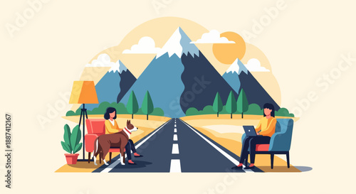 People work remotely near mountains, with a road and dog