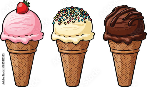 strawberry, vanilla, chocolate ice cream cone