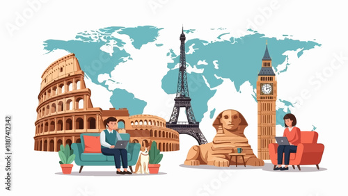 People work remotely with iconic landmarks and world map