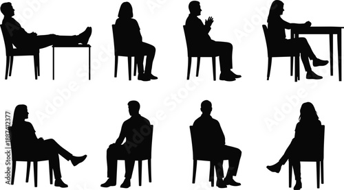 Seated people silhouette set showing men and women sitting on chairs and tables, relaxed and formal poses, waiting, meeting, interview and lifestyle concepts, isolated on white background