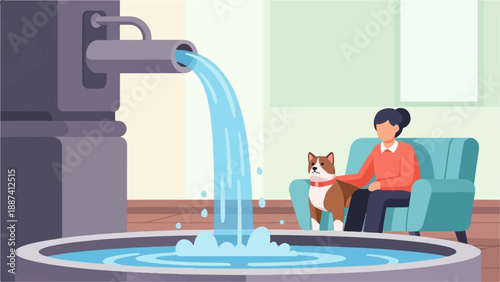 Person and dog relaxing by a flowing fountain