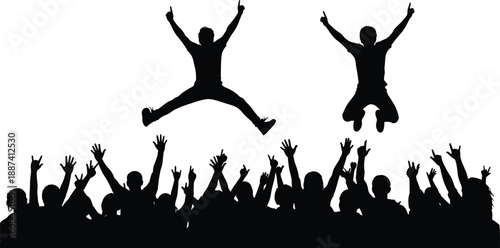 Silhouette of excited crowd celebrating success with people jumping in the air, energetic teamwork, freedom, victory, festival atmosphere, motivation, and joyful human achievement concept
