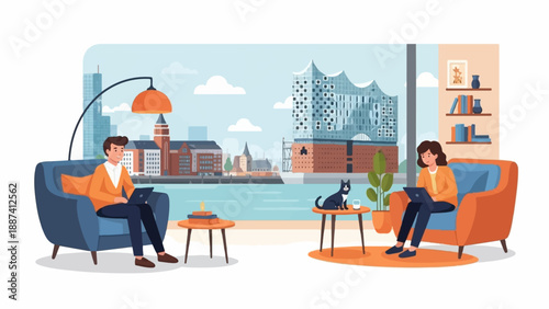 People work remotely with a cat and scenic cityscape backdrop