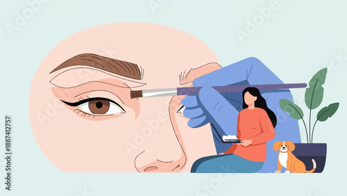 Person applies makeup to large eye; woman with dog and plant nearby