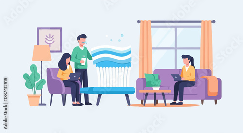 People working and relaxing in a brightly lit room with oversized toothbrush