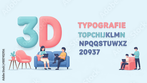 People interacting with technology and typography elements in a soft, pastel environment