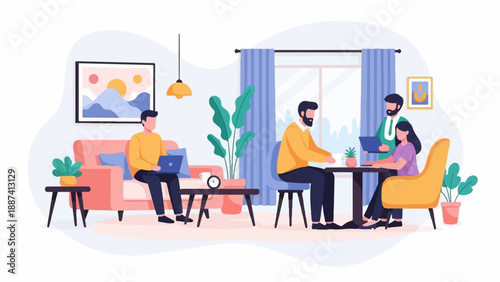 People working remotely and in small groups in a modern interior