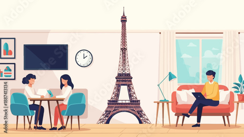 People working and relaxing indoors with Eiffel Tower model in background