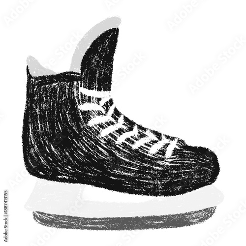 Hand drawn black hockey skates in chalk style with textured surface and playful scribbles, naive colorful doodle with soft shading, scrapbook friendly winter sports element isolated on white.