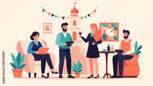 People mingling indoors with festive decorations and artwork on walls