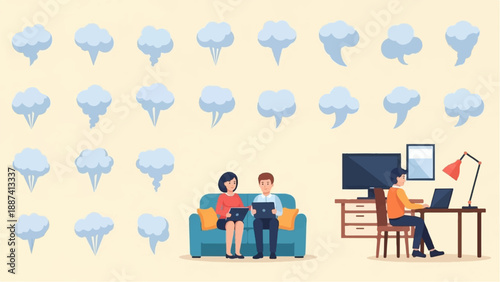 People working and relaxing with digital devices, surrounded by abstract shapes