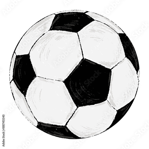 Hand drawn realistic soccer ball in chalk style with rough texture and sketchy details, classic sports look, grunge shaded doodle vector illustration isolated on white.