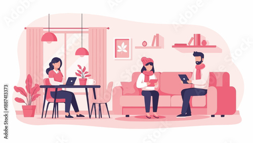 People working and relaxing indoors with technology and plants