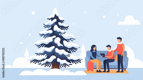 People on sofa near snowy tree, winter scene with falling snow