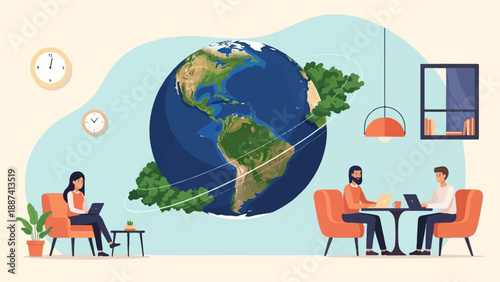 People working on laptops around a stylized globe in an office