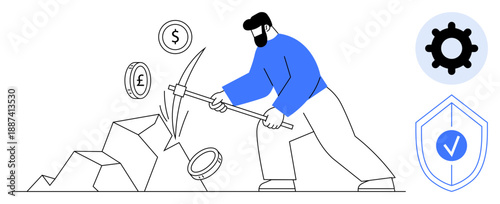 Cryptocurrency mining with a man extracting coins digital currencies thumbs up Bitcoin. Cryptocurrency integrated with blockchain technology ensures secure online transactions. For blockchain