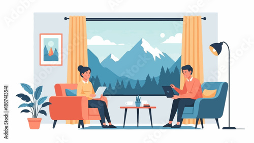 People working on laptops and tablets in a cozy living room with a mountain view