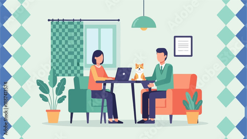 People working on laptops at a table with a dog and plants indoors