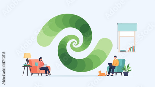 People working on laptops at home near a green spiral and a window