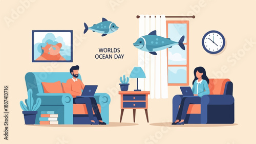 People working on laptops at home with fish and ocean theme decor