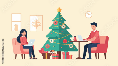 People working on laptops beside a decorated Christmas tree with presents