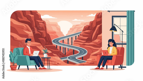 People working on laptops from home with a scenic canyon highway view