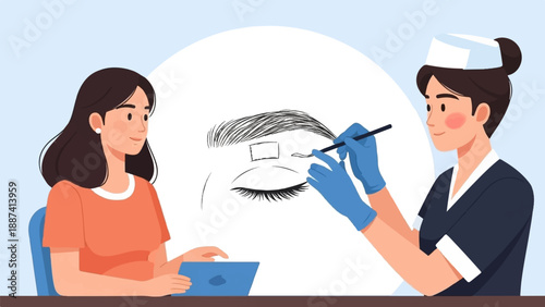 Person getting eyebrows shaped by professional using tools and tablet