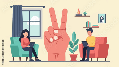 People working remotely from home, with a large victory hand gesture