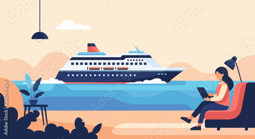 Person relaxes with laptop by the sea while a cruise ship sails by