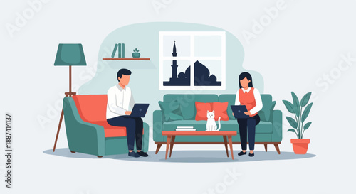 People working on laptops in a cozy living room with a cat