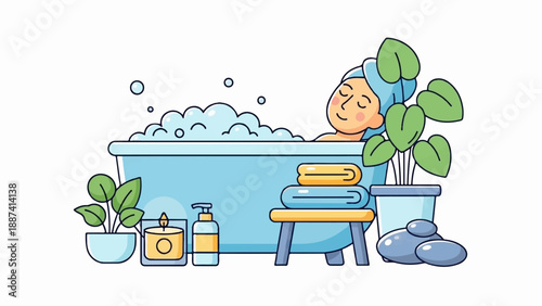 Person relaxing in a bubble bath with plants, candle, and spa stones