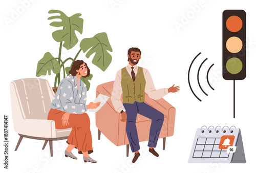 Time management, decision making, business meeting, communication, planning, teamwork. Two colleagues discussing ideas with a traffic signal and calendar. Time management and decision-making concept