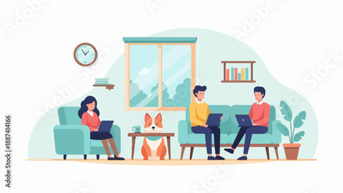 People working on laptops in a cozy living room with a dog (1)