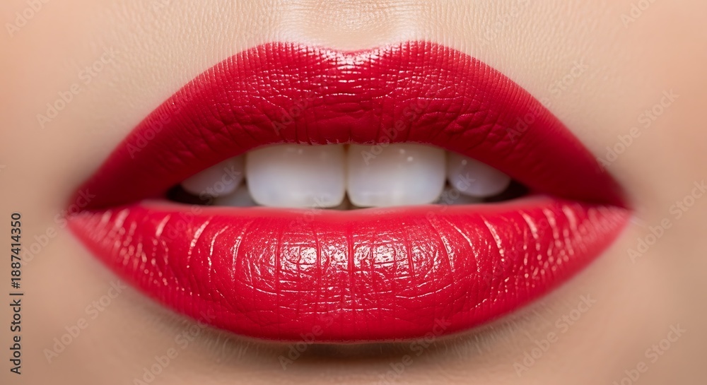 Obraz premium Vibrant red lipstick enhances perfectly pouted lips