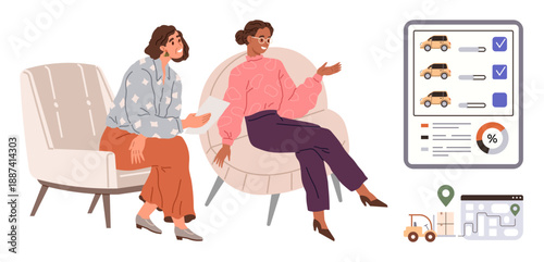 Vehicle purchase, logistics, business strategy, modern retail, consultations, decision-making. Two women discussing car purchase in an office with documents and digital screen. Vehicle purchase