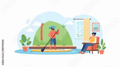 Person paddles board while other relaxes indoors
