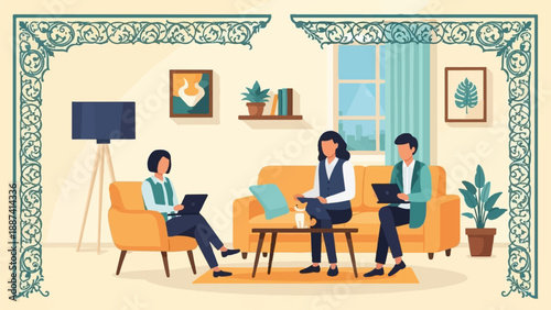 People working on laptops in a cozy living room with decorative borders