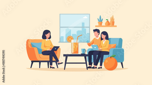 People working on laptops in a cozy living room with drinks and plants