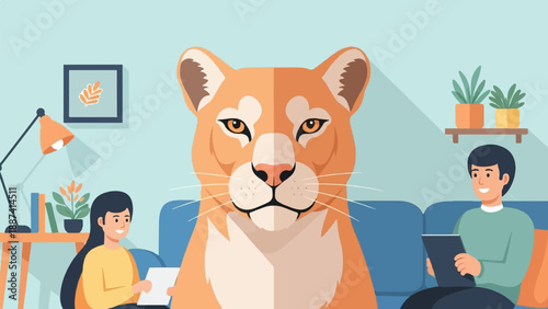 People relax at home with a large feline companion