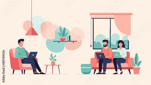 People working on laptops in a cozy, modern living room with plants