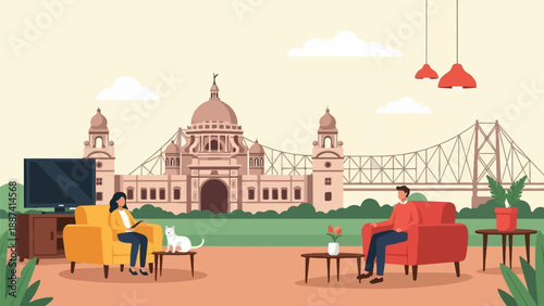 People relax at home with a view of a famous landmark and bridge