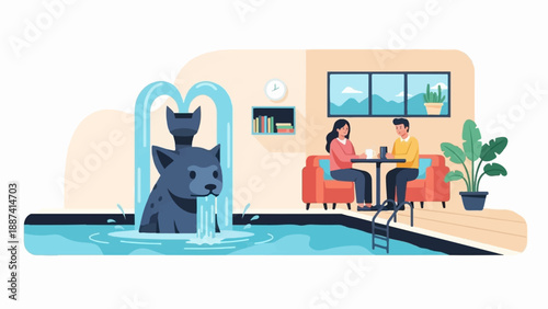 People relax by a fountain while others chat indoors